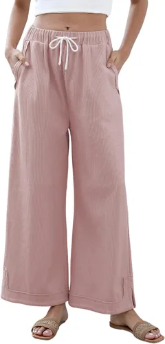 Vista 11 de Athlisan Pantalones Palazzo Holgados de Pierna Ancha para Mujer Casuales Sueltos con Cordón Cintura Elástica Pantalones de Descanso con Bolsillos