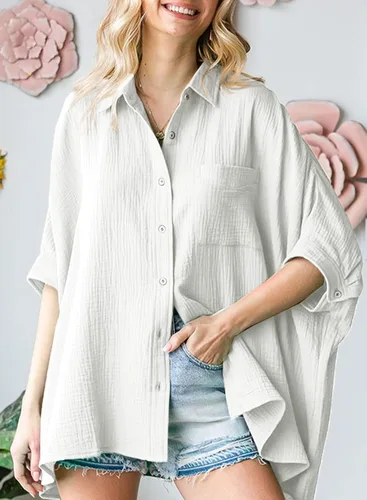 Vista 3 de Astylish Camisas de gran tamaño con botones para mujer, manga 34, cuello en V, texturizadas