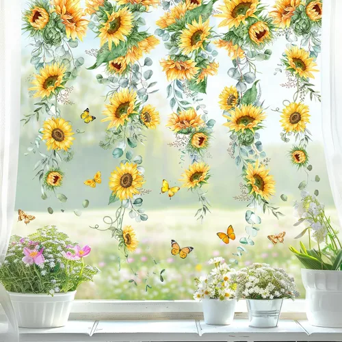Vista 10 de Whaline 9 hojas de calcomanías florales de San Valentín para ventana, diseño de rosas de primavera, hojas de eucalipto, calcomanías de vidrio