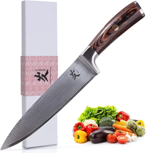 Vista 9 de SAMCOOK Cuchillo Kiritsuke de chef - Cuchillo profesional de 8 pulgadas de damasco afilado - Cuchillo de cocina Gyuto de acero inoxidable VG-10