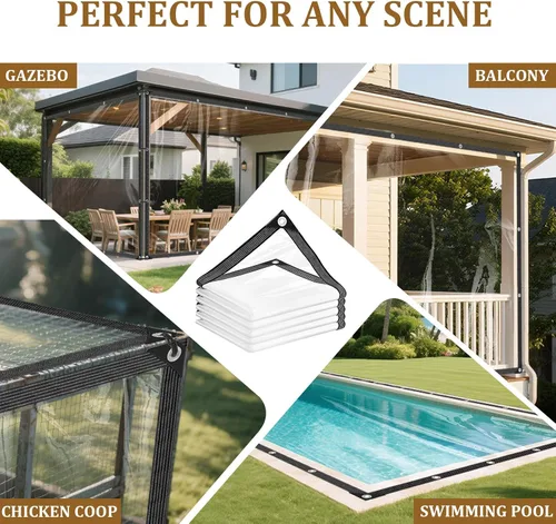 Vista 6 de Lona transparente de 8x20 pies con ojales, lonas transparentes engrosadas de 14 mil, resistente, impermeable, resistente al desgarro, vinilo PVC