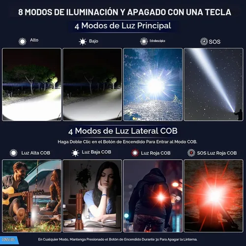 Vista 6 de Linternas magnéticas recargables de alto lúmen, linterna LED superbrillante y potente de 8 modos con luz de trabajo COB, linterna impermeable
