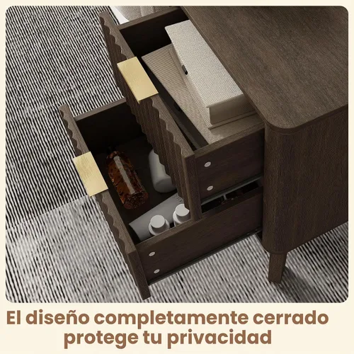 Vista 8 de Juego de 2 mesitas de noche acanaladas con diseño de borde curvo Nuez oscura_2 piezas