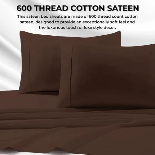 Vista 4 de Tribeca Living Juego de funda de almohada de satén de algodón egipcio suave, bolsillo extra profundo, 600 hilos, sábana de cama, Queen, chocolate