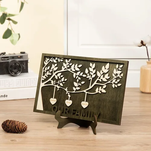 Vista 6 de Jeweidea Placa personalizada con nombre de la familia con 2-8 nombres, adorno personalizado con grabado del árbol de la vida con soporte, regalo