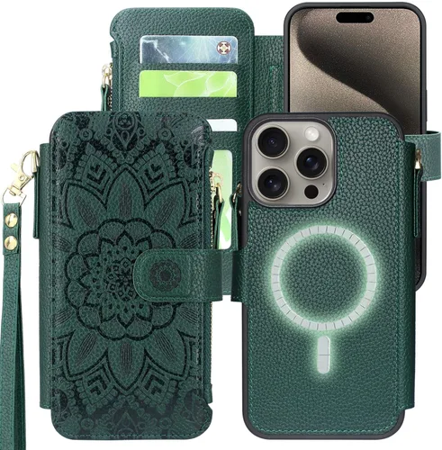 Vista 7 de Harryshell Funda compatible con iPhone 15 Pro con carga inalámbrica MagSafe con 3 ranuras para tarjetas, bolsillo con cremallera, bolsillo