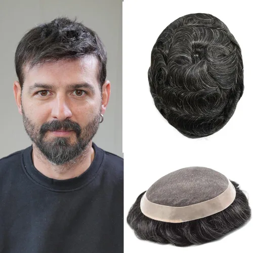 Vista 113 de Mens Toupee Hair Piece Real Human Hair Fine Mono Toupee para hombres Sistema de reemplazo de cabello para hombre Postizo Protesis Capilar Para