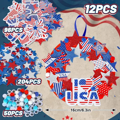 Vista 2 de Whaline Kit de manualidades de corona de espuma patriótica, calcomanías de estrella de bandera estadounidense, calcomanías de estrella