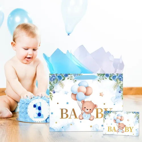 Vista 5 de Plauthus Bolsas de regalo grandes para bebé de 13 pulgadas con papel de seda y tarjeta de felicitación (oso de balón y floral), bolsas de regalo