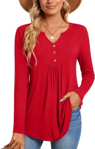 Vista 2 de CATHY Blusa tipo túnica de manga larga para mujer, cuello en V, con botones, informal, plisada, básica