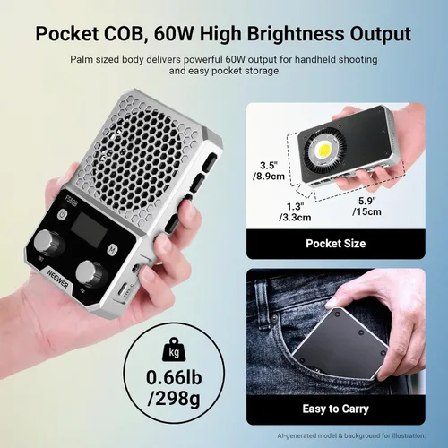 Vista 2 de NEEWER Luz LED bicolor compacta de bolsillo de 60 W con aplicación y control de panel, iluminación de salida continua COB con 2700K-6500K/CRI96+