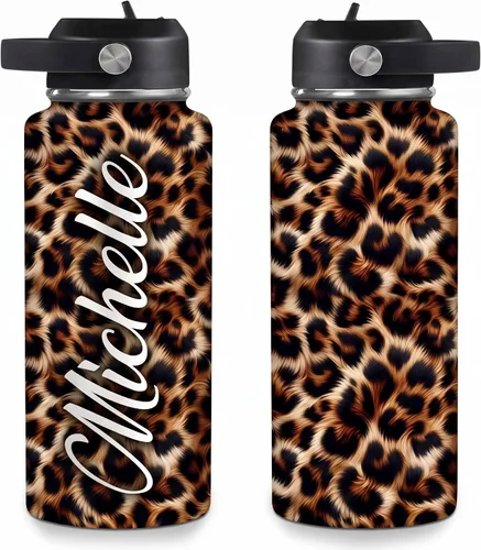 Vista 13 de Hyturtle Botella de agua personalizada de leopardo, botella de acero inoxidable aislada con tapa a prueba de fugas, 18 onzas, 32 onzas, regalo
