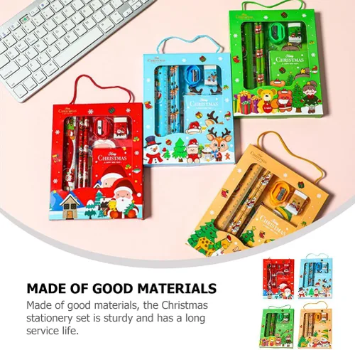 Vista 3 de LUOZZY 4 juegos de regalo de Navidad para niños y estudiantes, papelería temática de Navidad de dibujos animados con caja de regalo y asa, incluye