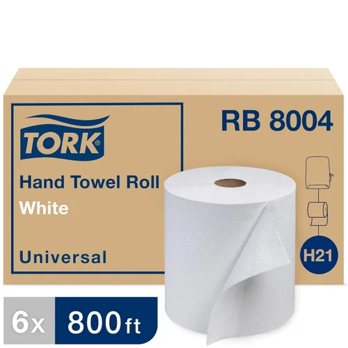 Vista 2 de Tork Rollo de toalla de mano de papel blanco H21, universal, 100% fibra reciclada, 6 rollos x 800 pies, RB8004