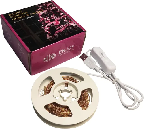 Vista 9 de RUICHEN Guirnalda de luces LED USB de 20 pies con interruptor de encendido/apagado, luces de alambre de cobre impermeables para dormitorio, pared