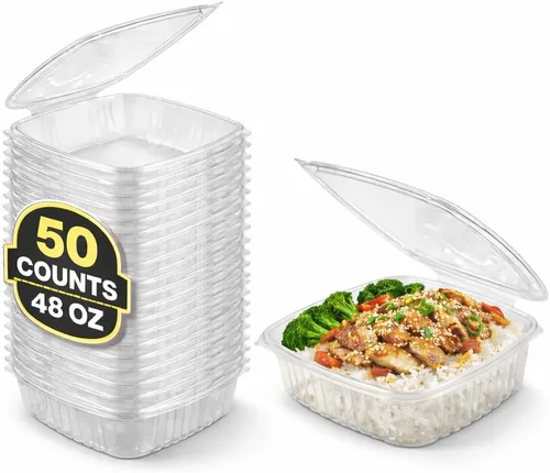 Vista 9 de Contenedores de delicatessen con tapas con bisagras, plástico PET, transparente, 24 onzas, 50 unidades, concha, rectangular, almacenamiento