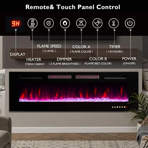 Vista 3 de Chimenea eléctrica empotrada y montada en la pared con llama de 12 colores, control remoto de pantalla táctil, juego de registro y cristal