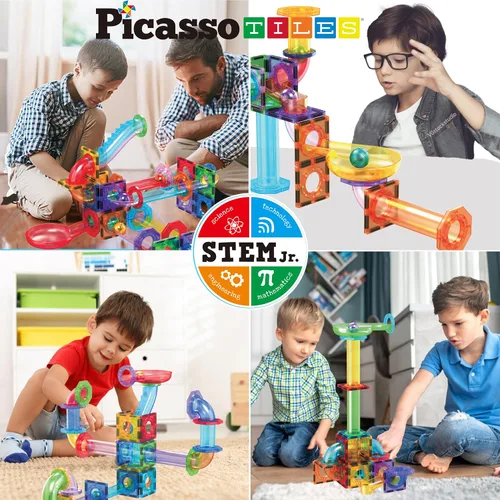 Vista 3 de PicassoTiles Carrera de Canicas Juego de 60 piezas, pista de carreras, bloques de construcción magnéticos, juguete educativo, kit de construcción