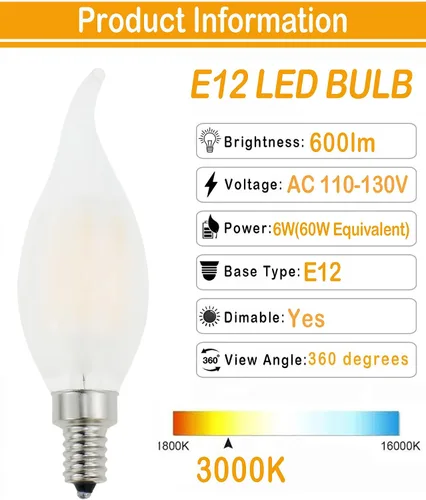 Vista 2 de Bombilla de candelabro E12 esmerilada de 60 vatios regulable, con forma de punta doblada de llama, bombillas LED de araña de luz blanca suave 3000k