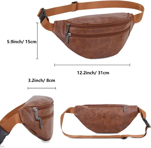 Vista 3 de Ausion Riñonera de cuero para hombres y mujeres, cangurera para senderismo, correr, viajes, múltiples bolsillos - Riñonera con cremalleras Marrón