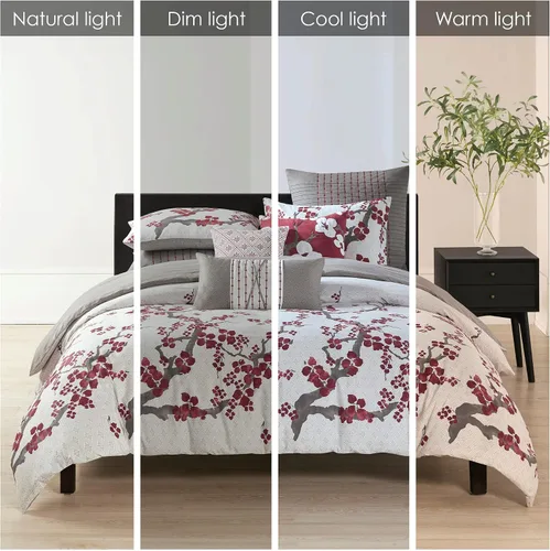 Vista 2 de N Natori Juego de funda de edredón de flor de cerezo, tamaño Queen, rojo, gris, juego de funda de edredón de flor de cerezo, 3 piezas, 100% algodón