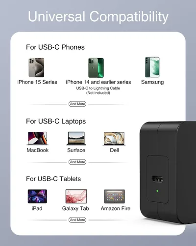 Vista 5 de Cargador USB C de 60 W de carga rápida, Nekteck GaN Tech PD 3.0 de carga rápida con enchufe plegable, compatible con MacBook Air/Pro, iPhone
