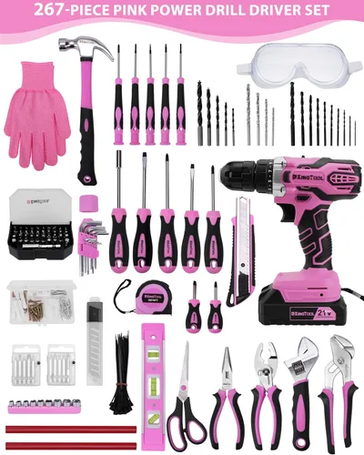 Vista 2 de KingTool - Juego de herramientas de 267 piezas - Juego de herramientas rosa con taladro inalámbrico de 21 V, juego de herramientas para mujeres