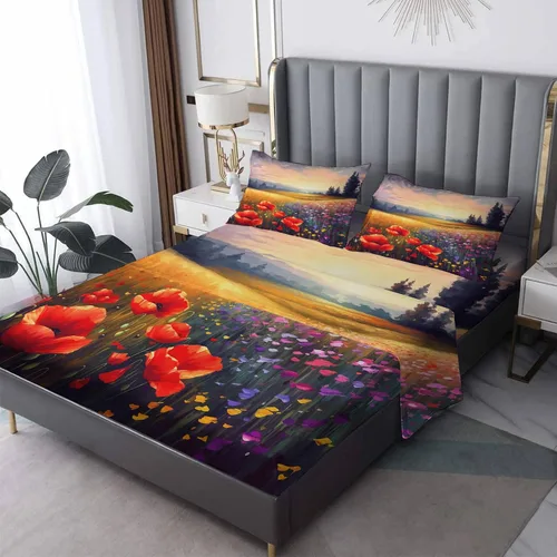 Vista 10 de Juego de sábanas de tamaño individual – Juego de sábanas y fundas de almohada de amapolas rojas, microfibra suave, bolsillo profundo y sin arrugas