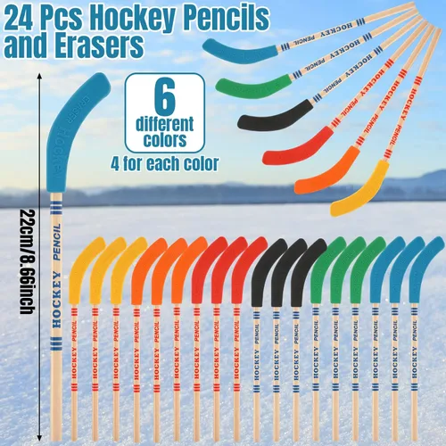 Vista 3 de 72 piezas de recuerdos de fiesta de hockey incluyen 24 lápices de hockey con borradores, 24 bolas, 24 bolsas, lápices, bolas de espuma, regalos