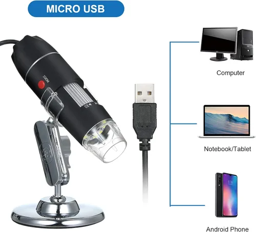 Vista 2 de Andoer Microscopio digital USB 1600X cámara de aumento 8 LED con soporte portátil de inspección de mano lupa