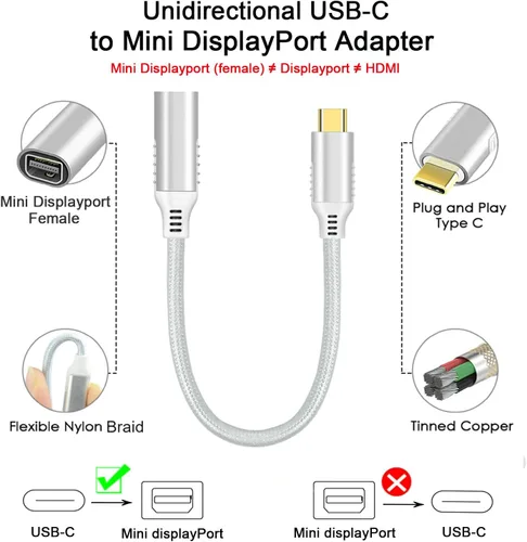 Vista 2 de Jasput USB-C a Mini Displayport, adaptador USB C a Mini DisplayPort de 4K a 60Hz Nailon, compatible con MacBook Pro 2016-2023/Air, ChromeBook