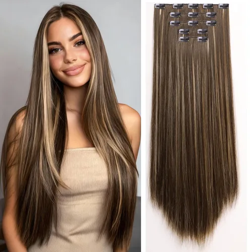 Vista 35 de Extensiones de cabello sintético con clip, color burdeos de 18 pulgadas de largo, invisibles, gruesas, extensiones de cabello lacio con clips, 5