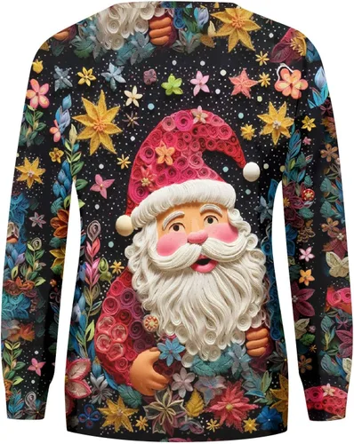 Vista 3 de Camisetas de Navidad para mujer, de gran tamaño, con estampado gráfico 3D, manga larga, cuello redondo, camiseta suelta