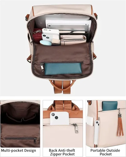 Vista 3 de FADEON Mochila de cuero para mujer, diseño de mujer, bolsa de hombro de moda, mochila de viaje convertible de PU, E Beige Con Marrón, Medium