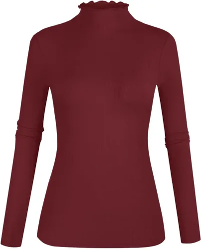 Vista 8 de POPZONE - Camiseta de manga larga con cuello alto falso, ajustada, de punto acanalado con ribete de lechuga para mujer