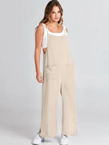 Vista 8 de ANRABESS Overol de lino con bolsillos para mujer, estilo casual, suelto, largo, con pierna ancha