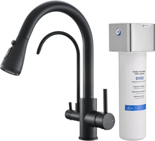 Vista 8 de GIMILI Grifo de cocina 3 en 1 de acero inoxidable negro con sistema de filtro de agua debajo del fregadero, reduce el plomo, cloro, mal sabor