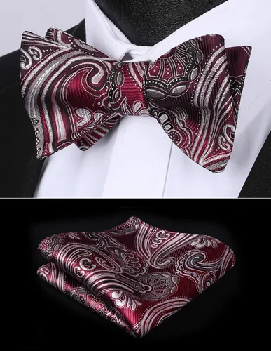Vista 214 de HISDERN Pajaritas para hombre, corbatín de cachemira para hombre, corbata de lazo y bolsillo cuadrado, juego formal de esmoquin para boda