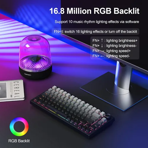 Vista 6 de Gurjot Teclado mecánico inalámbrico, teclado para juegos con junta en un diseño del 75%, Bluetooth2.4GHzUSB-C, intercambiable en caliente, perilla