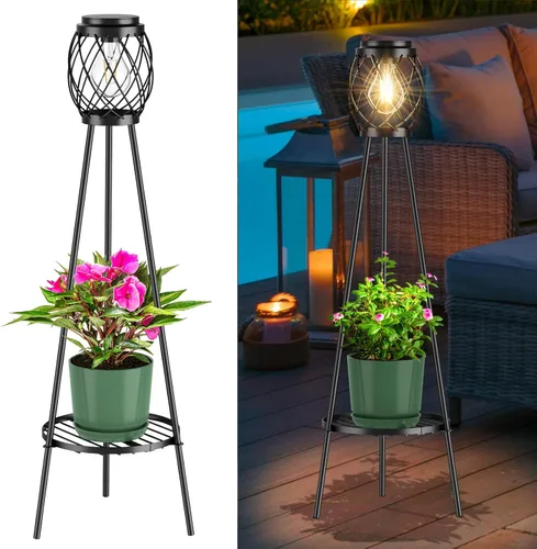 Vista 9 de MXwcy Lámpara de pie solar con soportes para plantas, luces solares para exteriores con bombillas LED Edison vintage, luces de jardín resistentes a
