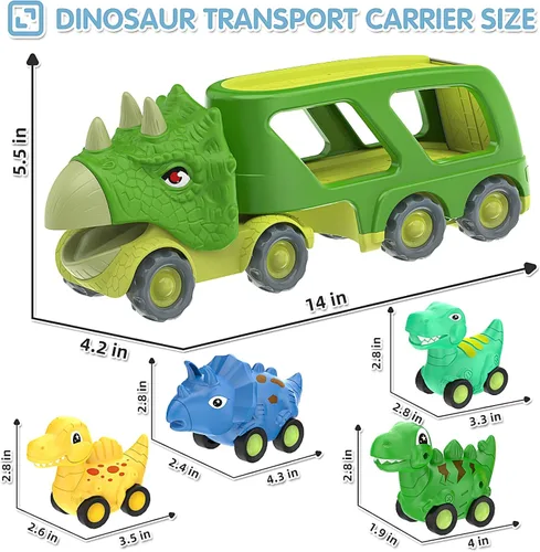 Vista 2 de Juguetes de dinosaurio para niños de 2 a 4 años, camión transportador de automóvil de dinosaurio con 4 autos de dinosaurio de tracción hacia atrás