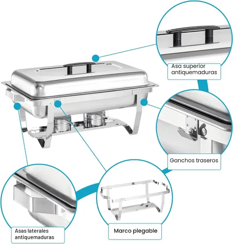 Vista 5 de Juego de Bandejas Calentadoras (Chafing Dish) para Buffet de 4 Piezas, Bandeja de Comida Rectangular Plegable de Acero Inoxidable de 8 Cuartos