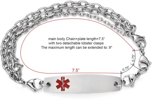 Vista 2 de mnmhope pulsera de alerta médica con grabado para hombre y mujer, de acero inoxidable, cadena intercambiable ajustable de 7.5 a 9pulgadas