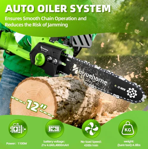 Vista 2 de Motosierra eléctrica de 12 pulgadas, motosierra inalámbrica con engrasador automático, sierra de cadena eléctrica de mano con bloqueo de seguridad