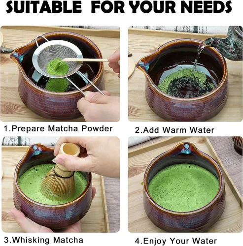 Vista 4 de Juego de batidor de matcha, juego de 7 piezas incluye cuenco de matcha (19 onzas), batidor de matcha de bambú y cuchara de matcha, soporte
