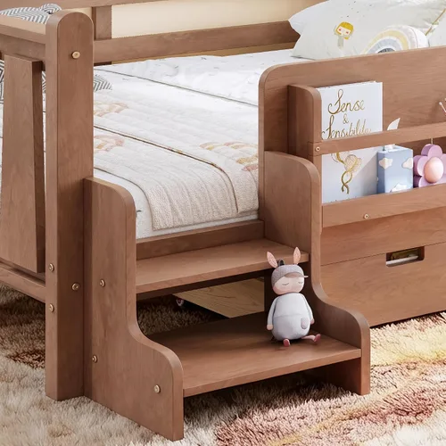 Vista 5 de Cama Montessori de tamaño matrimonial con estantería, cajones de Natural