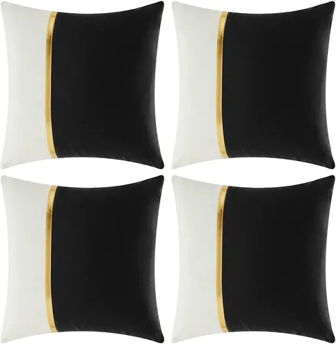 Vista 9 de Fancy Homi Paquete de 4 fundas de almohada decorativas para sala de estar, sofá cama, retazos de terciopelo con cuero dorado, decoración moderna