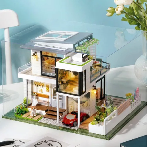 Vista 2 de Roroom Kit de casa de muñecas en miniatura y muebles, mini casa de muñecas de madera 3D con cubierta a prueba de polvo y movimiento musical, idea