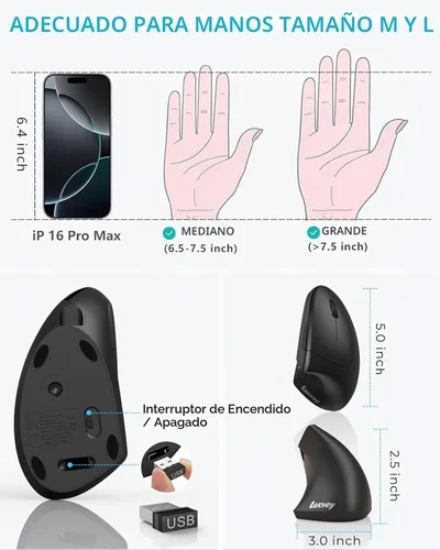 Vista 6 de Lekvey Ratón ergonómico, ratón inalámbrico vertical USB recargable 2.4G