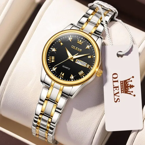 Vista 2 de OLEVS Reloj de mujer con diamantes de oro, clásico, elegante, de acero inoxidable, impermeable, fecha de día